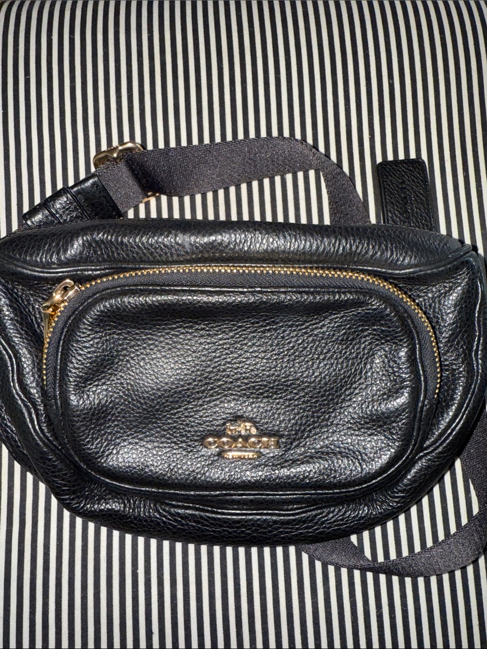 COACH Black Pebbled Leather COURT  Belt Bag with Gold Hardware